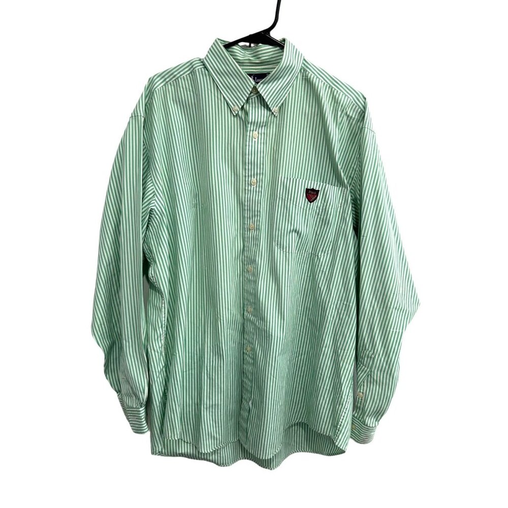 Ralph Lauren Green White Striped Cotton Long Sleeve Shirt Size L